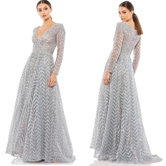 Mac Duggal 20189 Embellished Illusion Long Sleeve Wrap Over Gown - Picture 1 of 8